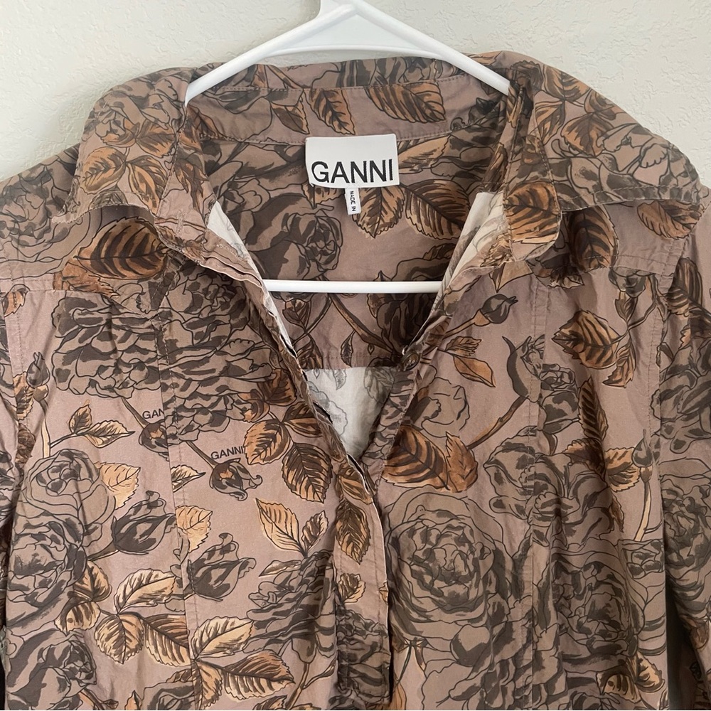 Ganni Oversized Poplin Maxi Shirt Dress EU 34 Cotton Brown Botanical Print - Picture 4 of 16